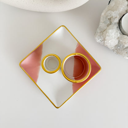 Edler Halter für Palo Santo und Smudge- Bündel aus Keramik, in den Farben Weiß-Rosa-Gold