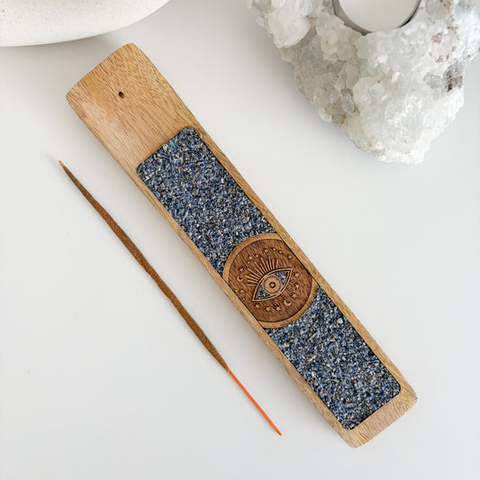 Schöner Räucherstäbchenhalter aus Mangoholz mit 💙Sodalith Edelsteinsplittern